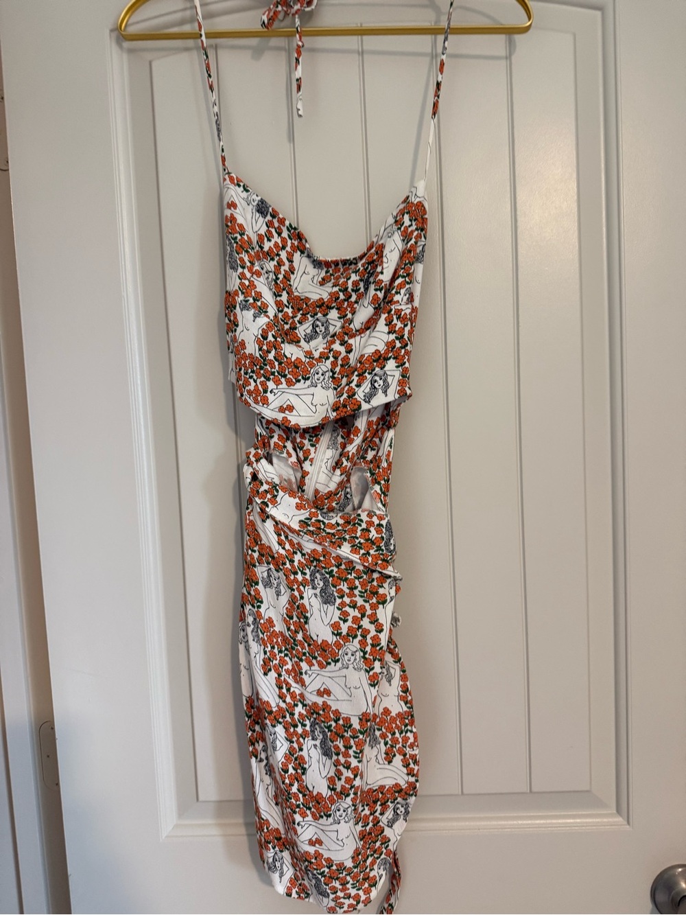 Reformation Cream Strapless Mini Dress with Orange Floral & Figure Print - Picture 5 of 5